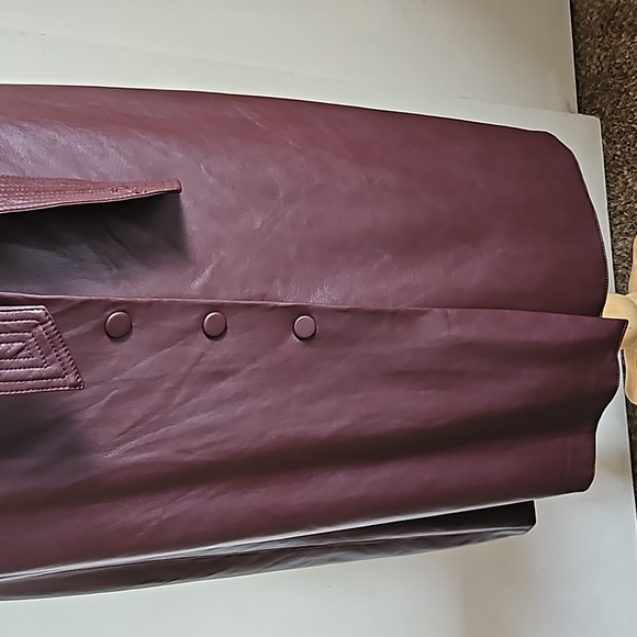 Faux Leather Wine Brown Belted Midi Skirt Snap Buttons Pencil Size Xsmall - Picture 5 of 17